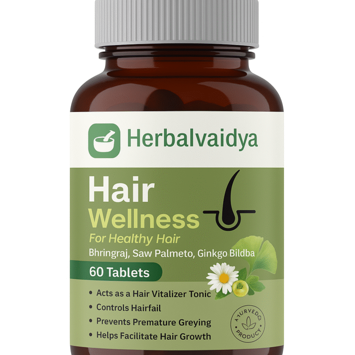 Herbalvaidya Hair Wellness – A natural Ayurvedic formulation with Bhringraj, Saw Palmetto, and Ginkgo Biloba that helps reduce hair fall, prevents premature greying, and promotes strong, healthy hair growth.